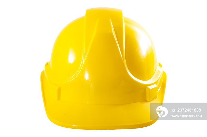 Industrial workers or construction site safety equipment concept with front view of a yellow hard ha