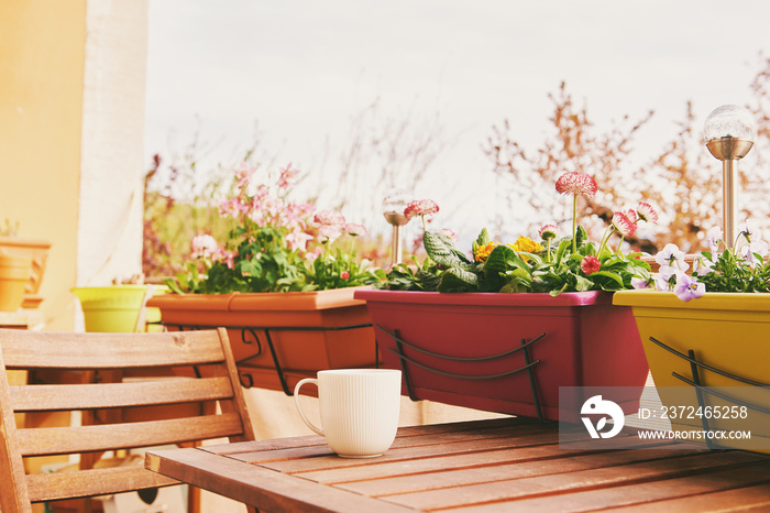 Colorful flowers growing in boxes hanging on balcony fence