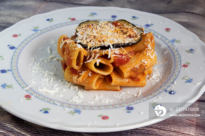 Pasta alla Norma with aubergines and sheep ricotta