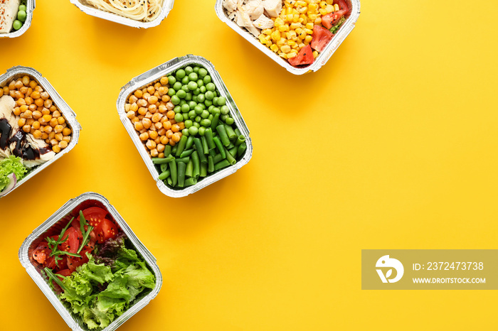 Many containers with delicious food on color background