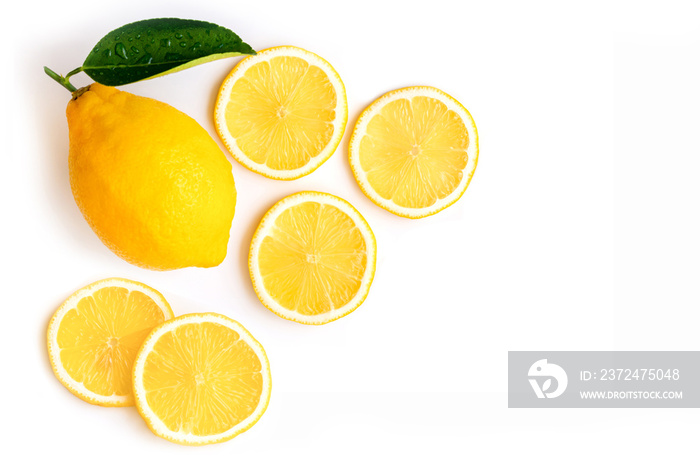 lemon lime fruit with slice isolated on white background. Top view. Flat lay.