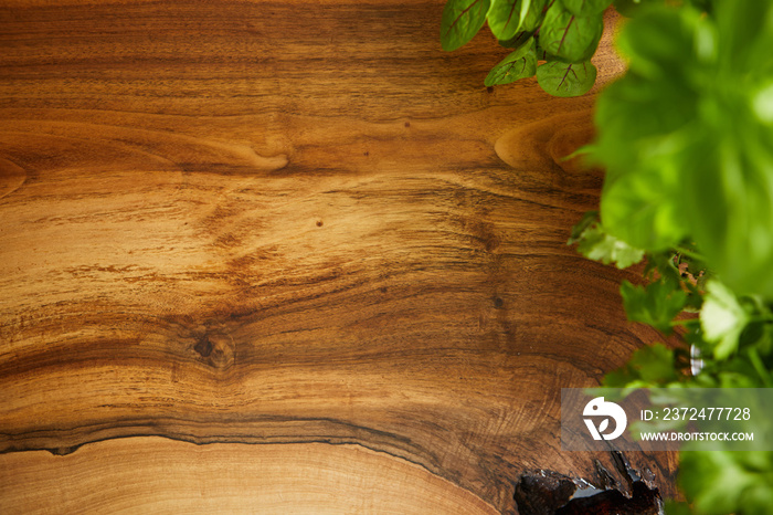 Herbs selection. Aromatic ingredients on wood table with copyspace