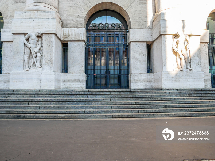 Milan Piazza Affari Square La Borsa Building with Monument and Close up Details