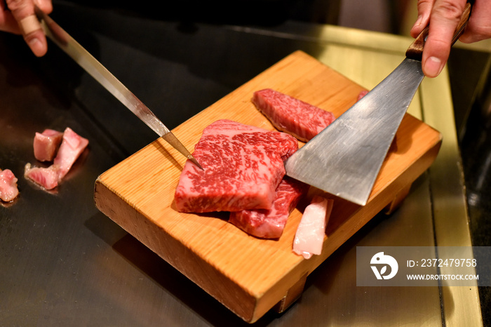 Wagyu beef steak, Chef present the luxury A5 grade kobe meat on cutting board, Premium finest cuisin
