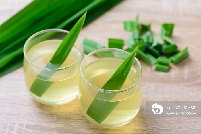 Pandan drink in the glass with pandan leaf,healthy drink in Asian