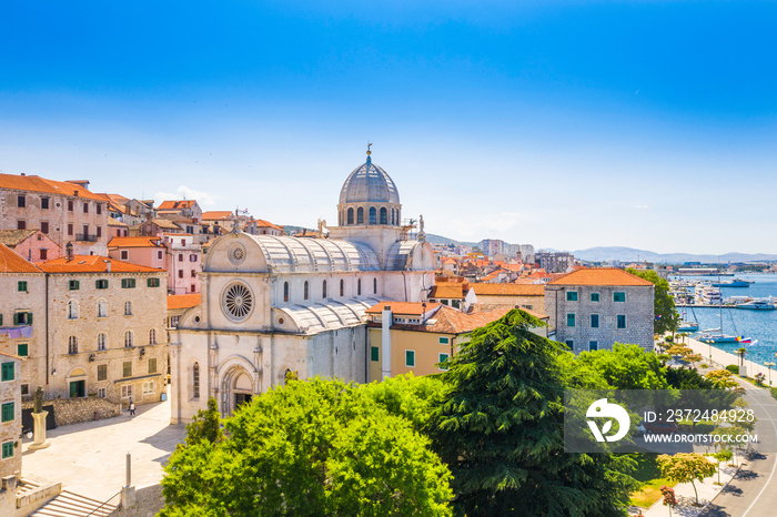 Croatia, city of Sibenik, panoramic view of the old town center, cathedral of St James, most importa