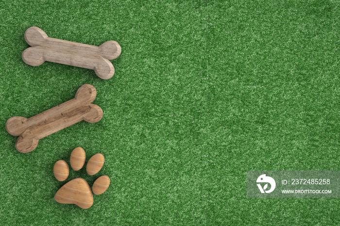 dog bones and dog paw on green grass background