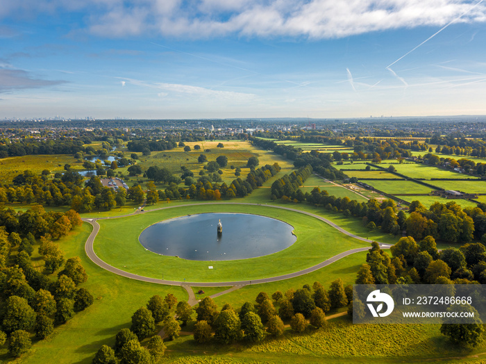 The drone aerial view of Diana fountain in Bushy park, London.