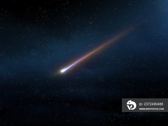 夜空中的陨石，背景是恒星。流星在大气层中发光。彗星是