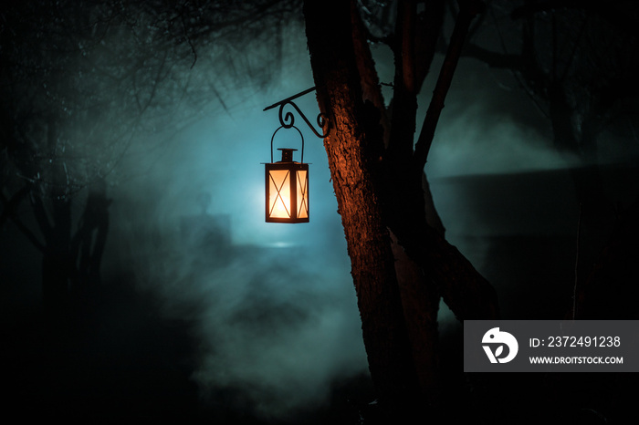 Beautiful colorful illuminated lamp in the garden in misty night. Retro style lantern at night outdo