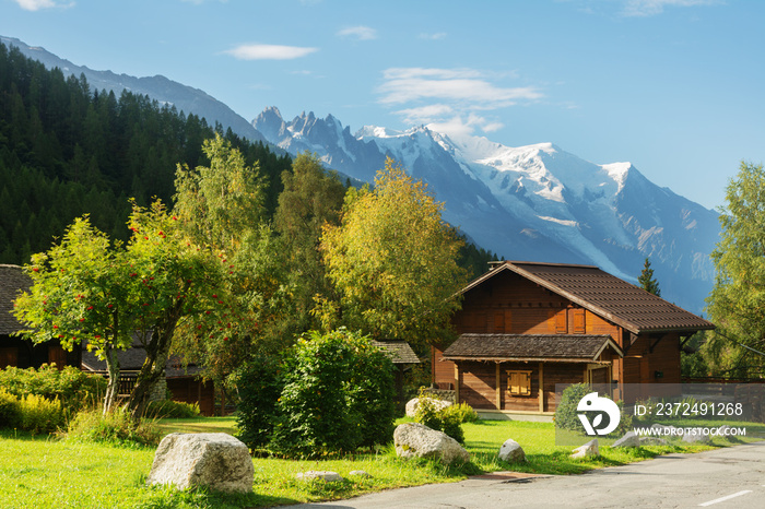 Evening and morning view of the town of Chamonix and Mount Mont Blanc.