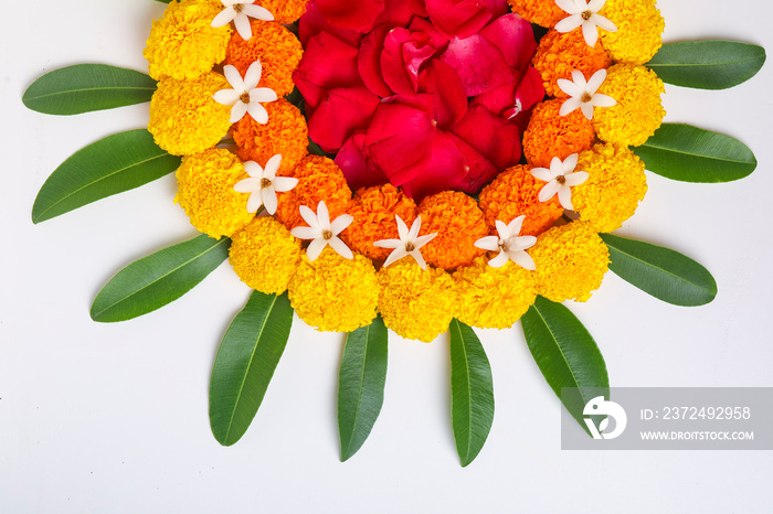 Marigold Flower rangoli Design for Diwali Festival , Indian Festival flower decoration