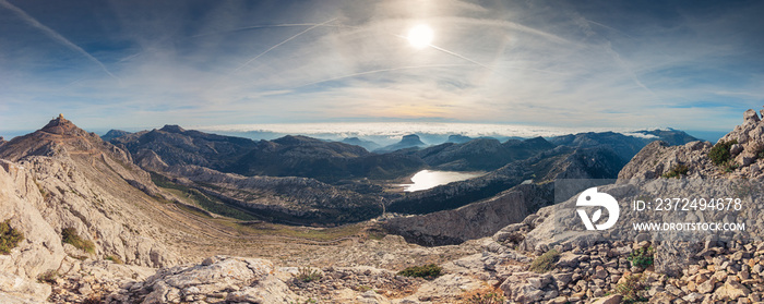 Panoramic landscape of mountains and sea of clouds in Serra de Tramuntana, Puig Major highest mounta