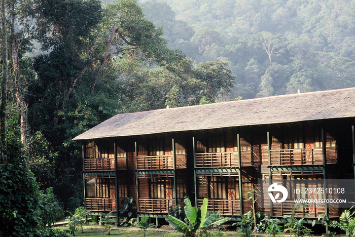 Pool and gardens of the Pelagus Resort in Sarawak, Malaysia