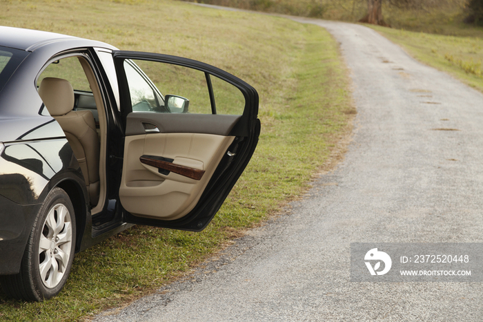 A car parked in the grass with an open door