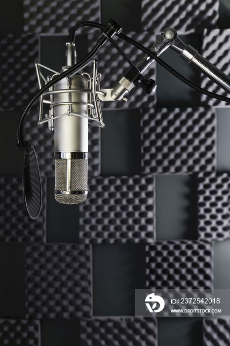A professional microphone in a home recording studio with sound proof walls