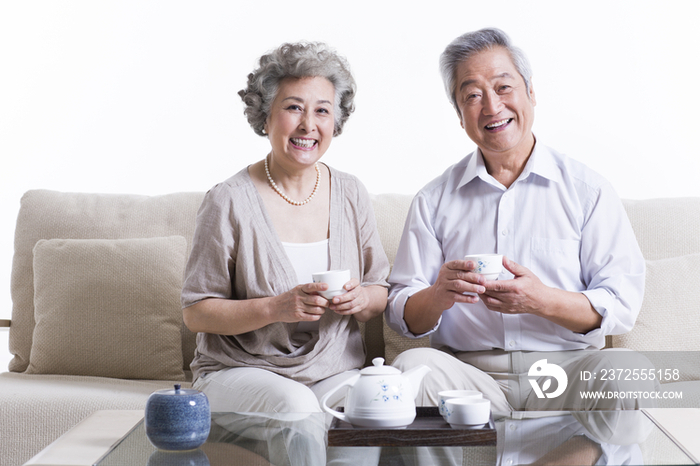 快乐老年夫妇喝茶