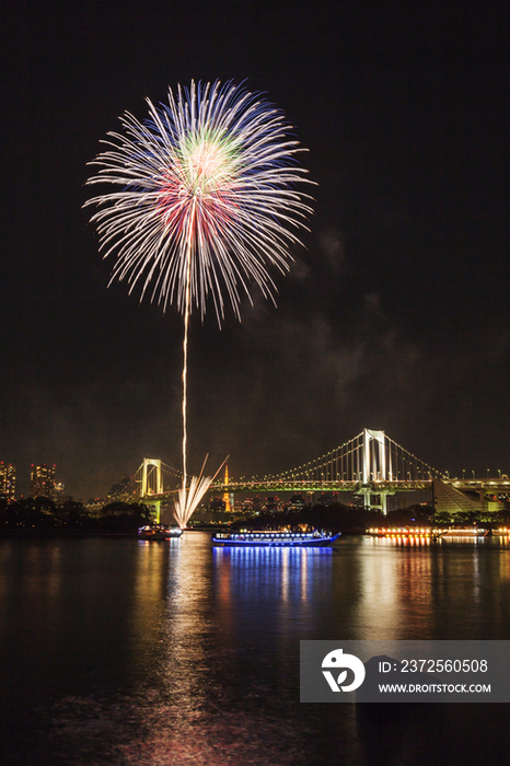 Fireworks over Tokyo bay at night in Japan