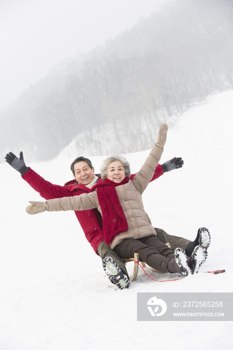 快乐的老年夫妻乘雪橇滑雪