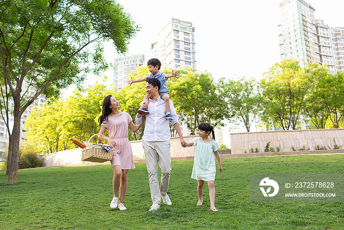 快乐的年轻家庭来公园野餐