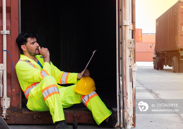 Professional engineer container cargo foreman was watching the results of his work in a container th