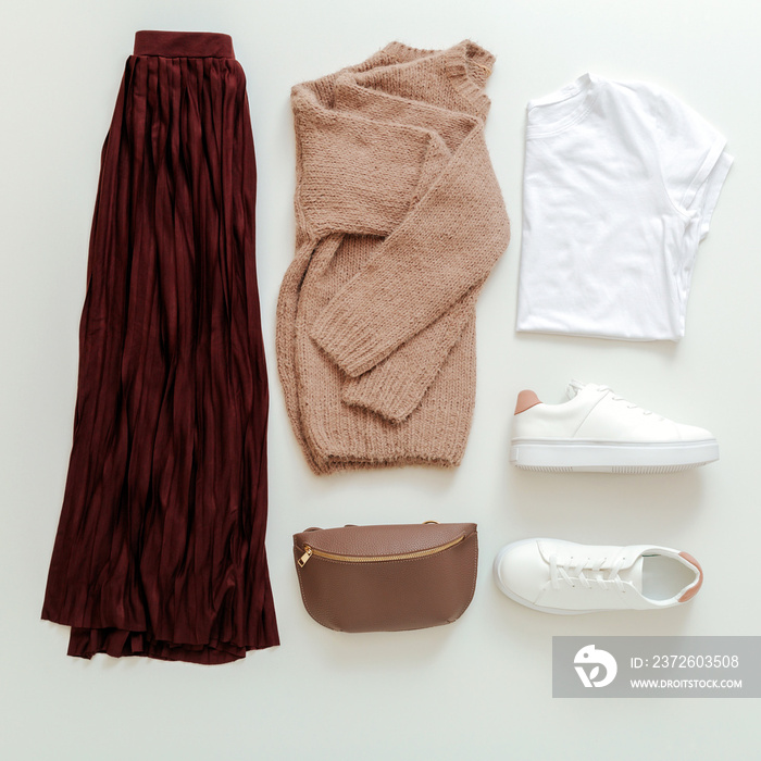Female spring look autumn outfit burgundy skirt beige sweater white shoes sneakers bag white basic t