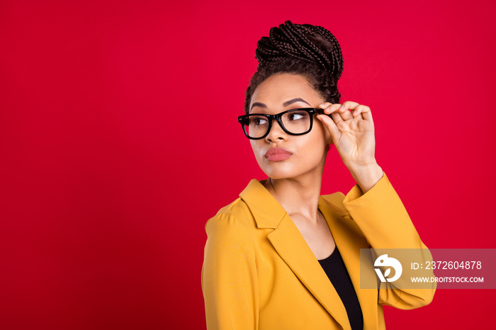 Profile photo of sad confident lady touch eyewear look empty space wear yellow cardigan isolated on 