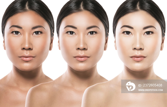 Difference in skin brightness. Concept of facial whitening or sun protection.