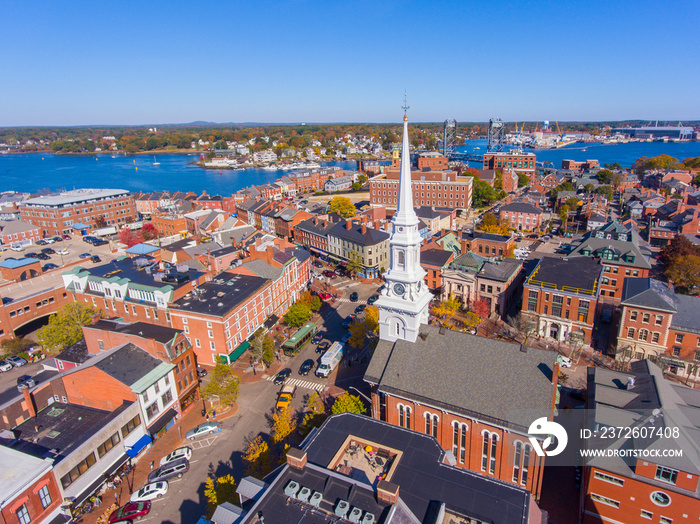 Portsmouth historic downtown aerial view at Market Square with historic buildings and North Church o