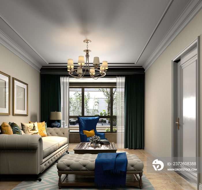 3d render of American style living room