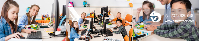 Collage of multiethnic schoolkids and teacher using computers near robots in stem school