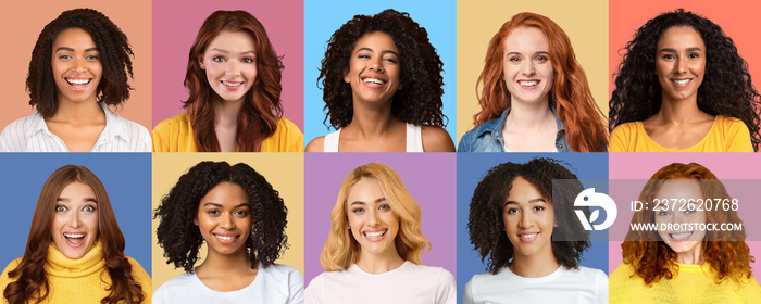 Collage set of emotional diverse multicultural women