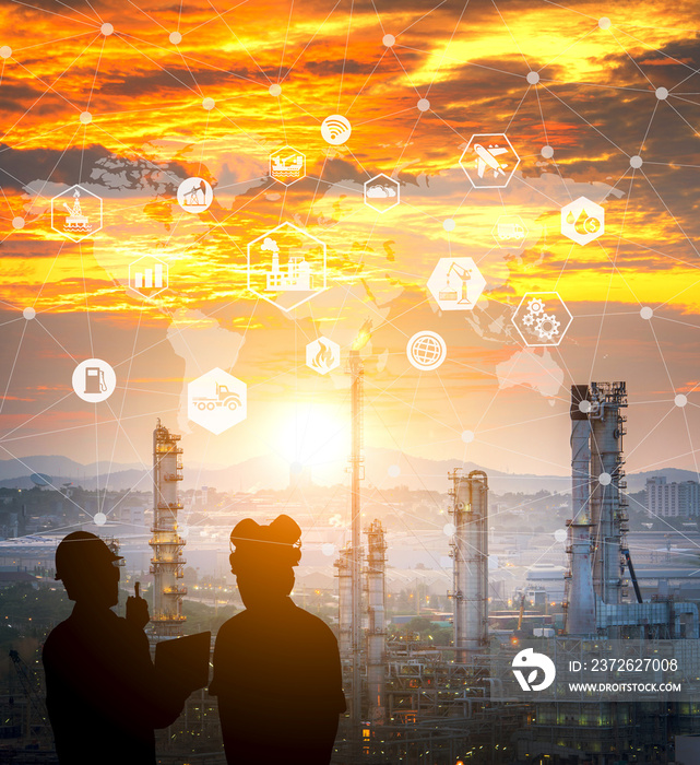 Double exposure physical system icon with Oil and gas refinery plant background and silhouette of en