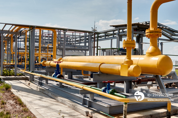 Gas industry. Pipeline and valves system at a gas production and processing plant