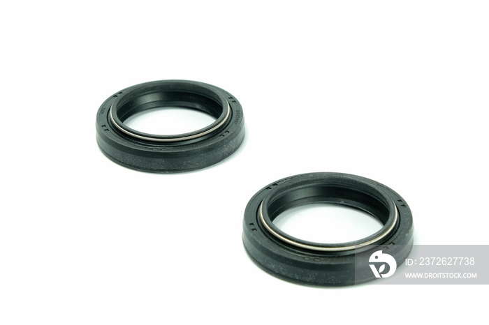 Spare part rubber seal for motorcycle fork.on a isolated white background. Motorcycle service.