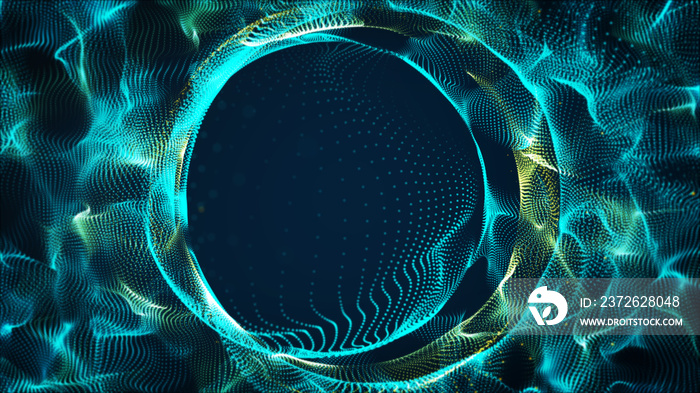 Dark green blue and glow particle circle abstract background wit