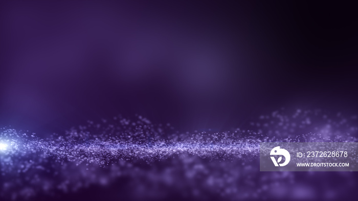 深紫色抽象背景和许多小颗粒在长度上发光