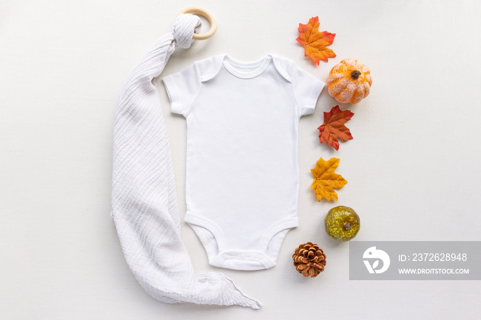 Autumn / fall baby bodysuit flat lay mockup - Plain white baby vest grow mockup - Autumnal