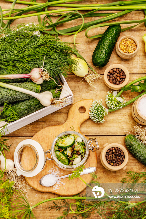 Pickling vegetables concept. Cooking process, spices, fresh fragrant herbs