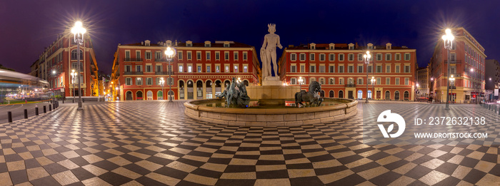 Nice. Panorama of Massena Square and the fountain in the night lighting.