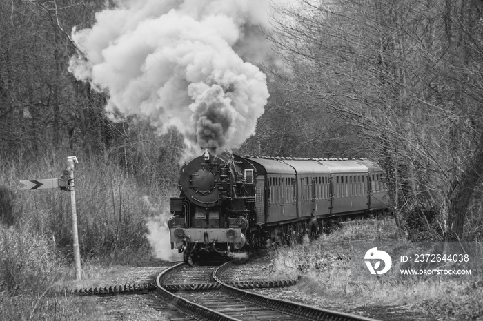 A black and white mono photograph of a vintage steam locomotive smoking heavily and coming forward