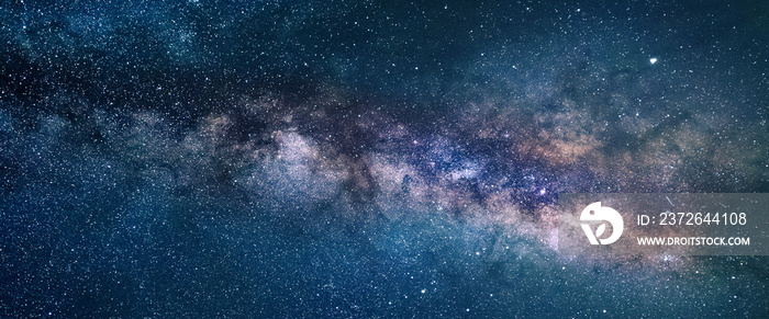 Milky way panorama as background image. Night starry sky with stars, planets, constellations and gal