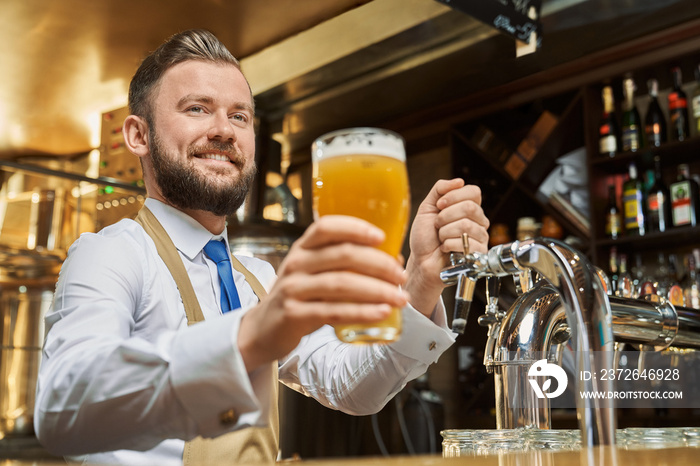 Handsome barman holding cold lager beer glass.