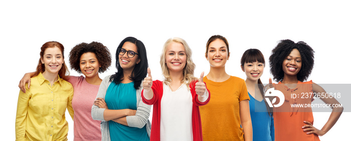 diversity, feminism and international people concept - group of happy smiling different women over w