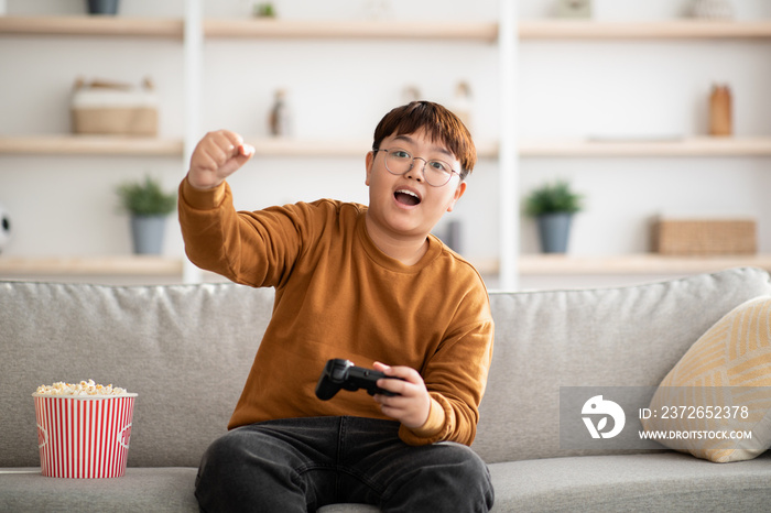 情绪激动的亚洲男孩在家玩掌上电子游戏