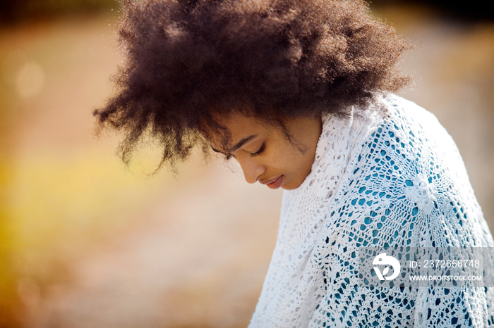 Woman in crochet shawl