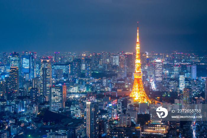 Aerial view over Tokyo tower and Tokyo cityscape view from Roppongi Hills at night in Tokyo at Japan