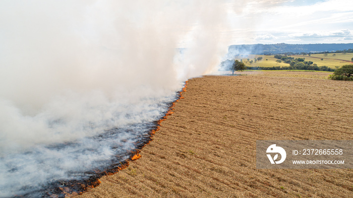 Dry grass burns, natural disaster. Aerial view. A large burnt field covered in black soot. Great smo