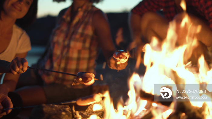黄昏时分，人们坐在篝火旁，在棍子上烤香肠。