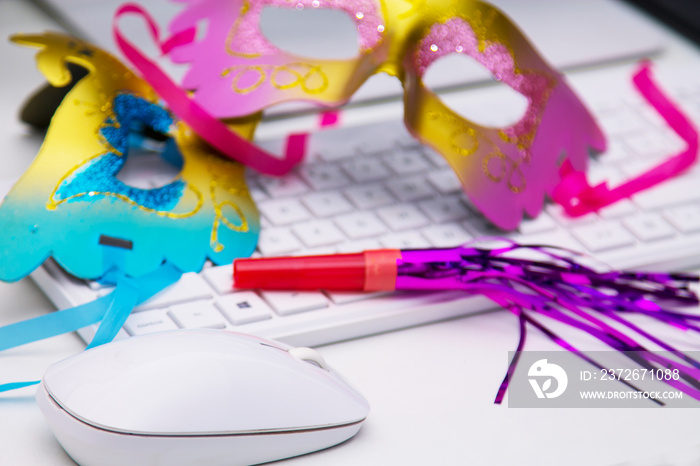 office party with masks and party blower